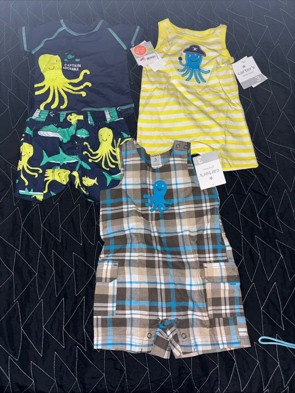 4 BWT pieces Carter's Boys Octopus Playwear Set – Yellow, Navy, Plaid swim suit